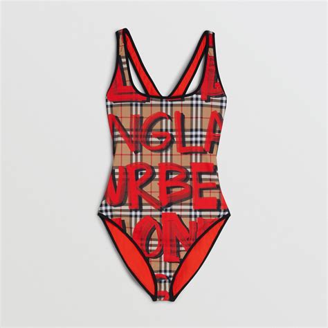 Burberry Ladies Graffiti Print Vintage Check Swimsuit 